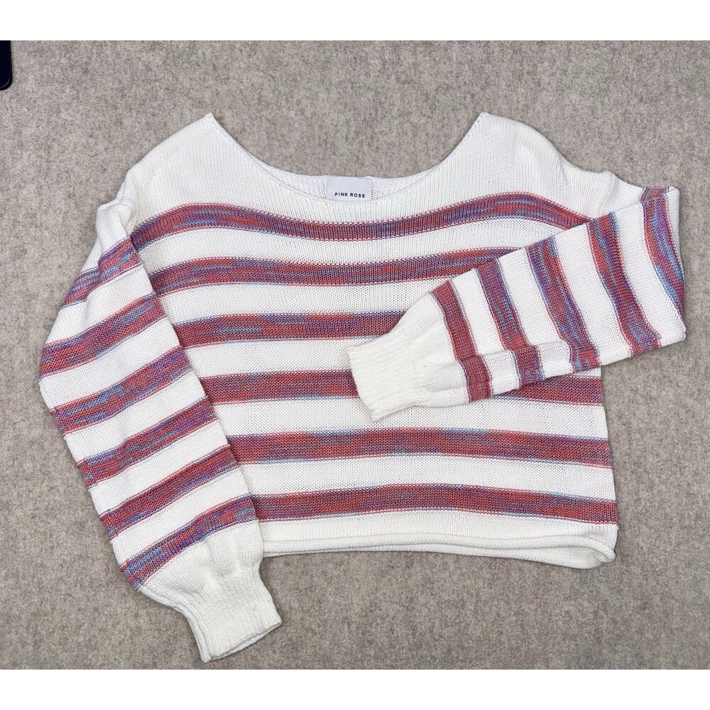 Pink Rose Women’s Size Large Cropped Scoop Neck Sweater White Multicolor Stripe